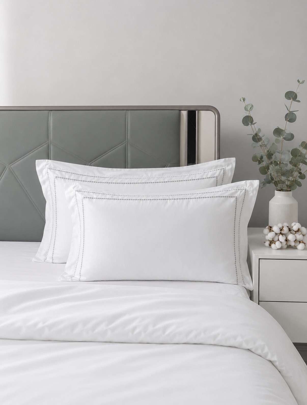 400TC white king bedsheet set styled in an elegant bedroom