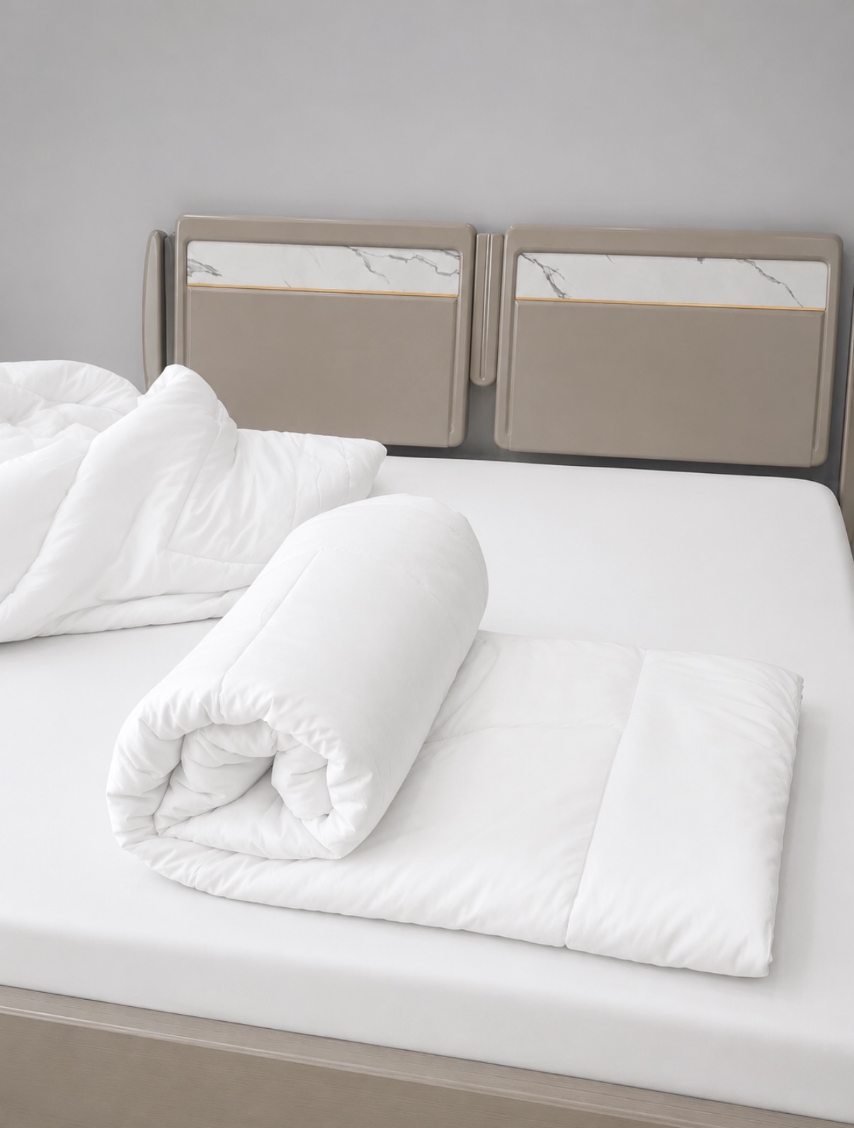 White Queen duvet insert styled on a neatly dressed bed