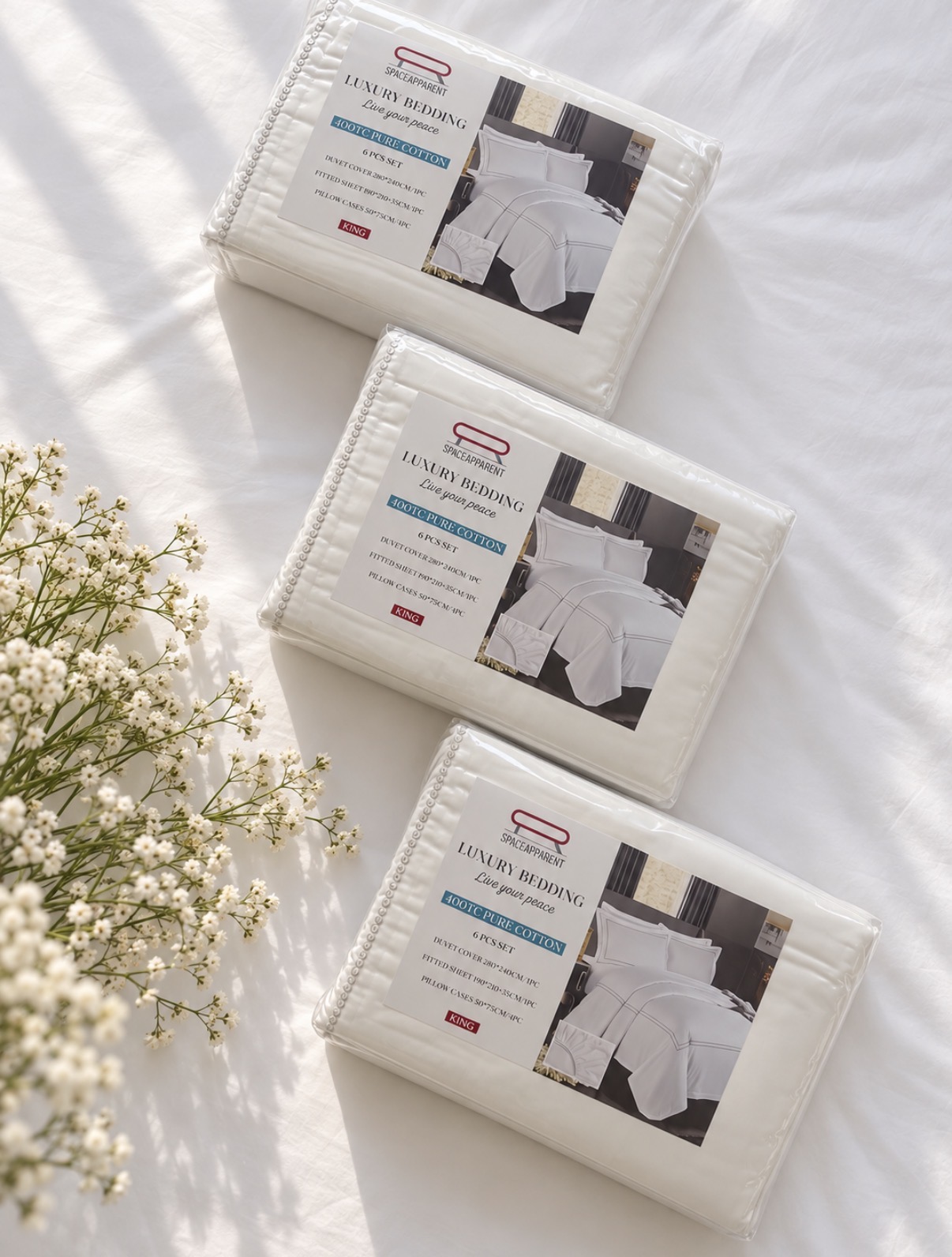400TC white king bedsheet set styled in an elegant bedroom