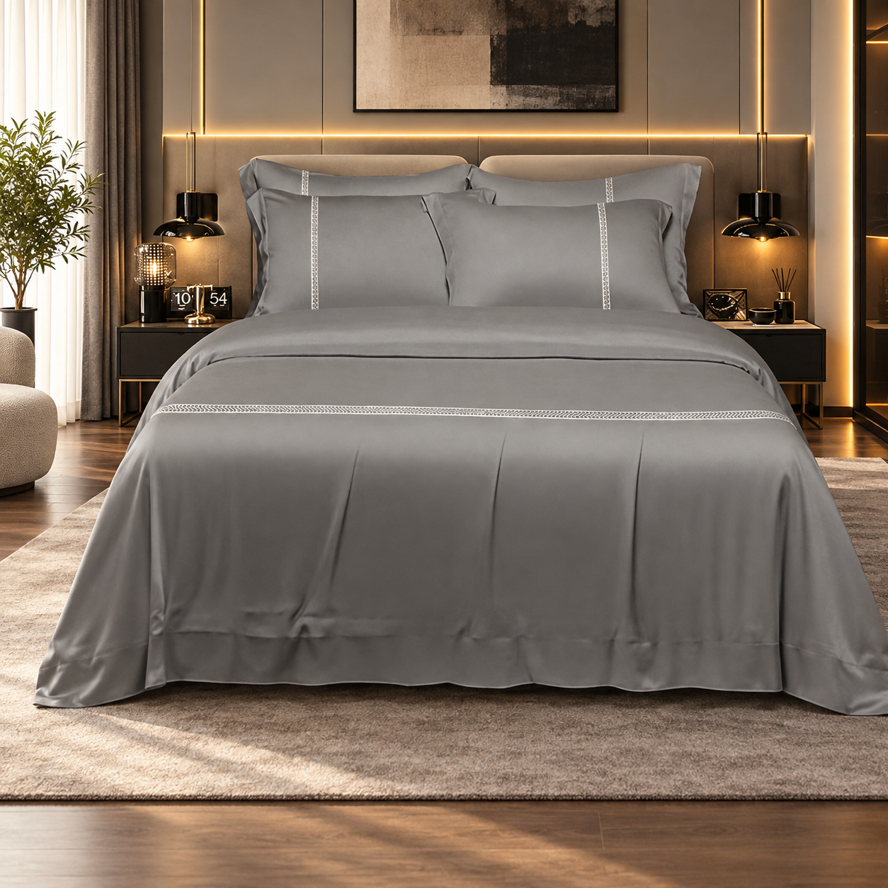 800TC grey queen bedsheet set styled in an elegant bedroom