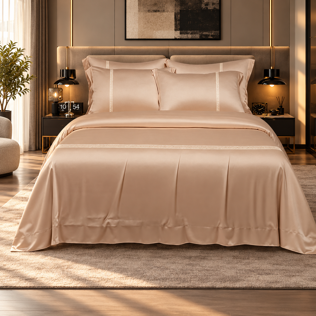 800TC peach queen bedsheet set styled in an elegant bedroom