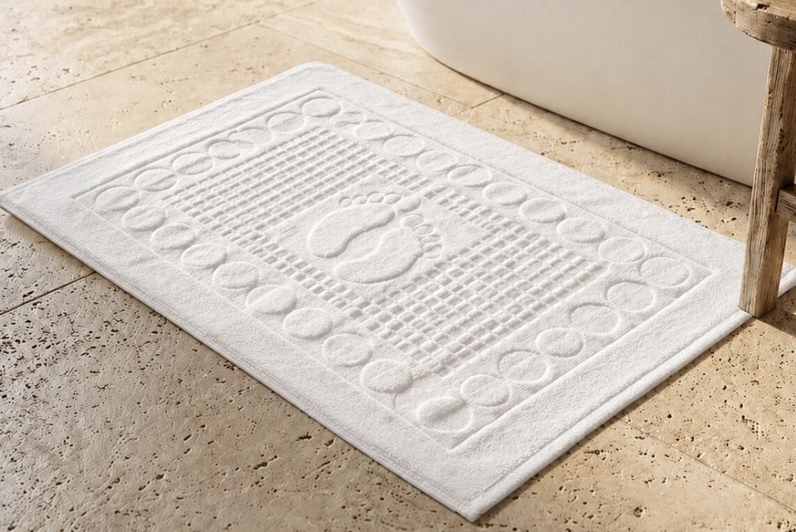 White textured bath mat with decorative footprint design